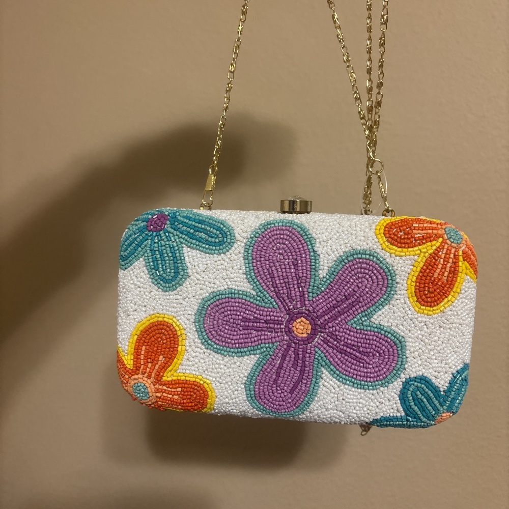 Floral Beaded Clutch with Gold Chain